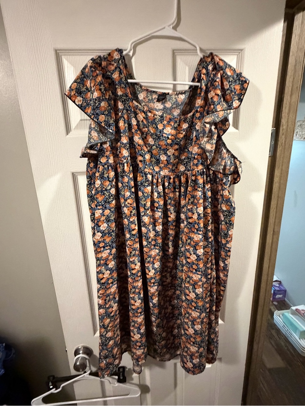 SHEIN Navy Floral Dress with Peach Blooms and Ruffle Sleeves